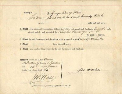 Deed of Land, 1874. From Charles Sovereign to Sophia Carrigew