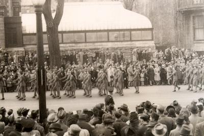 Canadian Women's Army Corps marching in a Victory Loan Parade, 2 May 1943, Montreal. Courtesy the Oakville Museum.