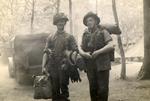 Padre Jock Anderson (right) preparing to leave camp in England, just before D-Day (6 June 1944).