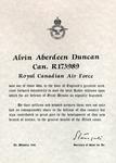 Royal Canadian Air Force document acknowledging the radar station service of Alvin Duncan during the Second World War