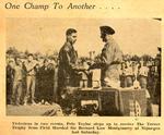 Newspaper clipping: Peter Taylor receiving The Turner Trophy from Field Marshall Sir Bernard Law Montgomery, August 1945, at the Maple Leaf Stadium in Nijmegen, Holland.